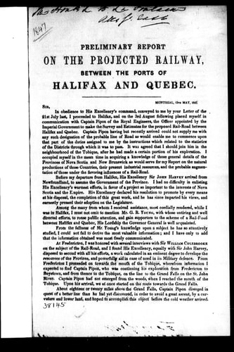 Preliminary report on the projected railway between the ports of Halifax and Quebec