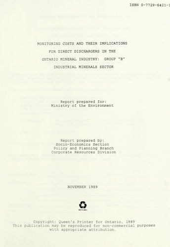 Monitoring Costs and Their Implications for Direct Dischargers in the Ontario Mineral Industry: Group "B" Industrial Minerals Sector