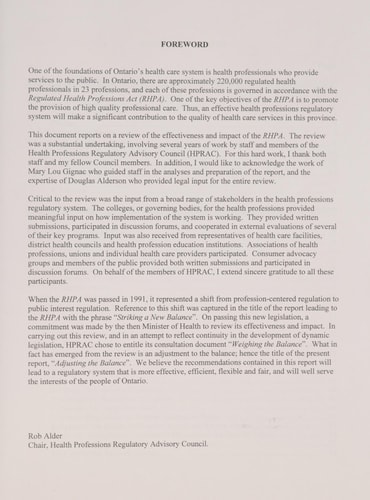 Adjusting the Balance : a Review of the Regulated Health Professions Act