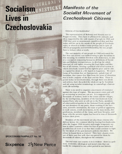Socialism Lives in Czechoslovakia: Manifesto of the Socialist Movement of Czechoslovak Citizens