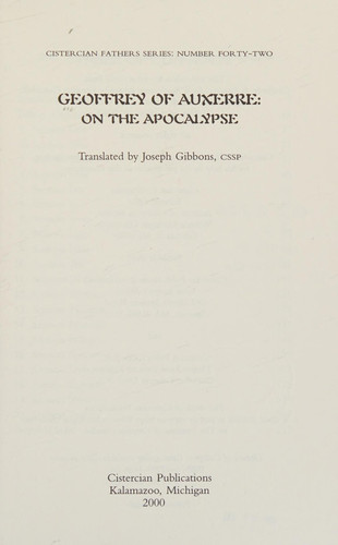 Geoffrey of Auxerre: On the Apocalypse (Cistercian Fathers Series)