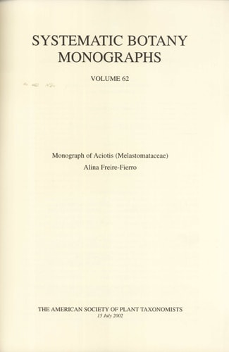 Systematic Botany Monographs Monographic Series of the American Society of Plant Taxonomists