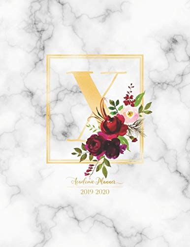 Academic Planner 2019-2020 Burgundy Flowers with Gold Monogram Letter X Over Marble