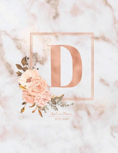 Academic Planner 2019-2020 Pink Marble Gold Monogram Letter D with Flowers
