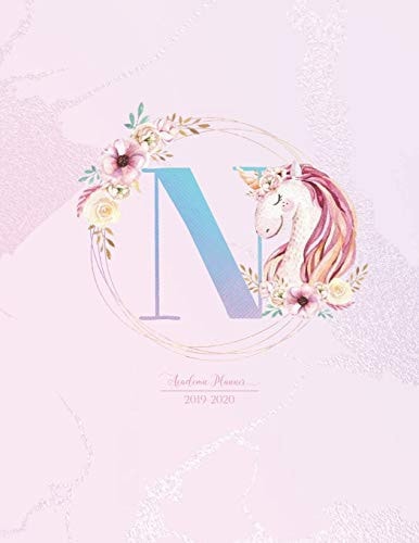 Academic Planner 2019-2020: Unicorn Pink Purple Gradient Monogram Letter N with Flowers