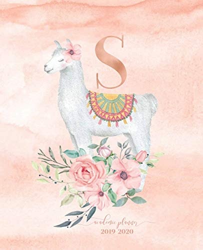 Academic Planner 2019-2020: Llama Alpaca Rose Gold Monogram Letter S with Pink Watercolor Flowers