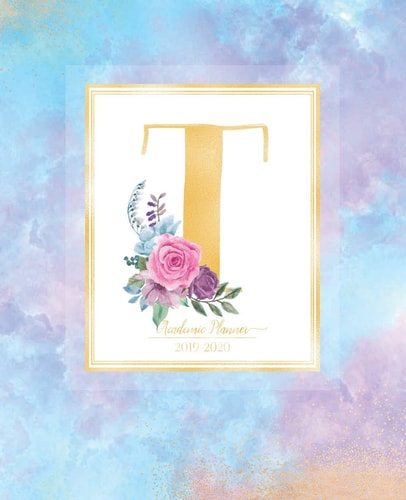 Academic Planner 2019-2020 Purple Blue Watercolor Gold Monogram Letter T with Pink Flowers