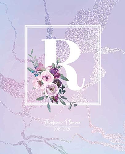 Academic Planner 2019-2020: Purple Pink and Blue Matte Iridescent with Flowers Monogram Letter R