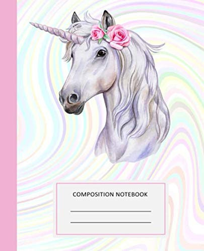 Composition Notebook A Wide Ruled Home School College Office Notebook Journal with Blank Writing Sheets for Teens Kids Students Girls to Writing in | Unicorn with Wreath Flowers White Horse Portrait
