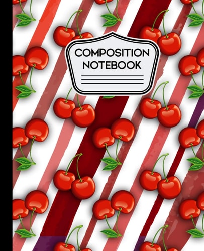 Composition Notebook Cherries on Stripes Pattern 7.5" X 9.25" 100 Pages