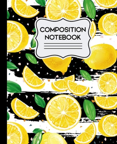 Composition Notebook Lemon Pattern Black and White Striped - 7.5" X 9.25" Wide Ruled