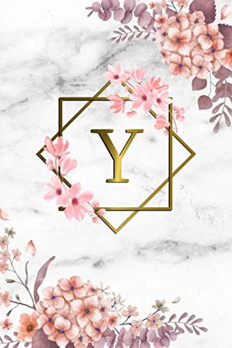 Y: Cute Initial Monogram Letter Y Dot Grid Bullet Notebook. Pretty Personalized Journal Diary for Writing & Notes with Dot Grid Pages for Women & Girls - Grey Marble & Gold Pink Floral Print