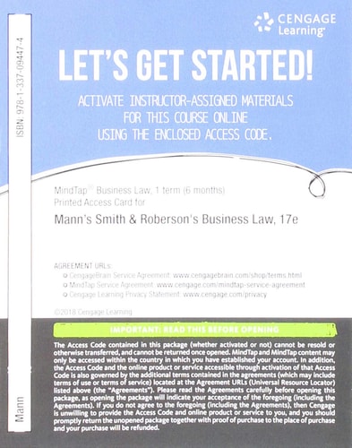 MindTap Business Law, 1 term (6 months) Printed Access Card for Mann/Roberts Smith & Roberson's Business Law