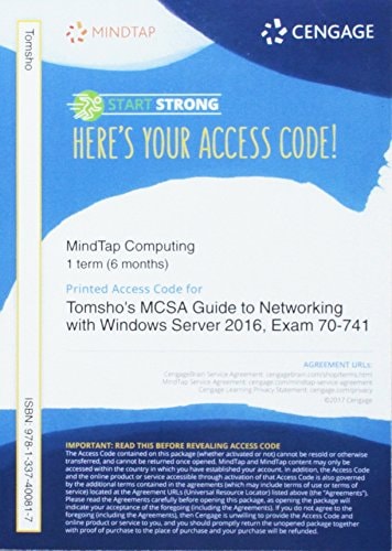 MindTap Networking, 1 term (6 months) Printed Access Card for Tomsho's MCSA Guide to Networking with Windows Server 2016, Exam 70-741
