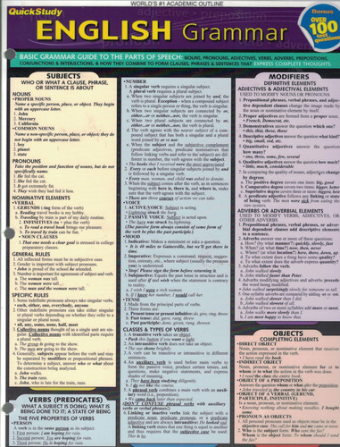 Quick Study ENGLISH Grammar Basic Grammar Guide To The Parts of Speech by BarCharts, Inc.,