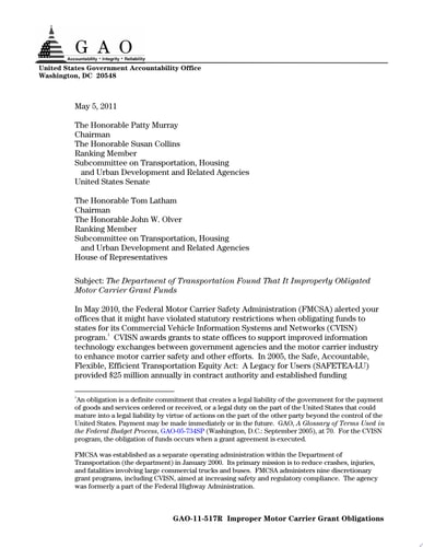 Department of Transportation Found That It Improperly Obligated Motor Carrier Grant Funds
