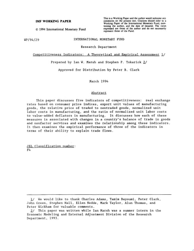 Competitiveness Indicators A Theoretical and Empirical Assessment