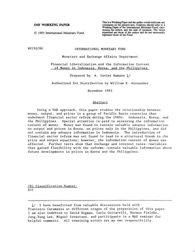 Financial Liberalization and the Information Content of Money in Indonesia, Korea, and the Philippines