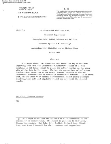Sovereign Debt Relief Schemes and Welfare