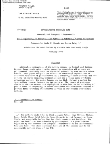 Does Sequencing of Privatization Matter in Reforming Planned Economies?