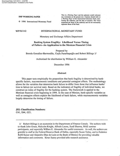 Banking System Fragility Likelihood Versus Timing of Failure: An Application to the Mexican Financial Crisis