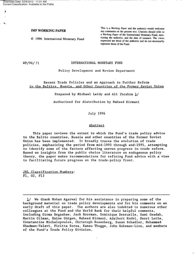 Recent Trade Policies and An Approach to Further Reform in the Baltics, Russia, and Other Countries of the Former Soviet Union