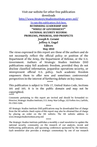 Rethinking Leadership and "whole of Government" National Security Reform Problems, Progress, and Prospects
