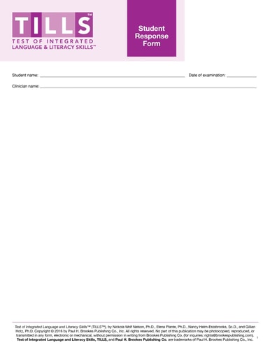 Test of Integrated Language and Literacy Skills (TILLS ) Student Response Forms