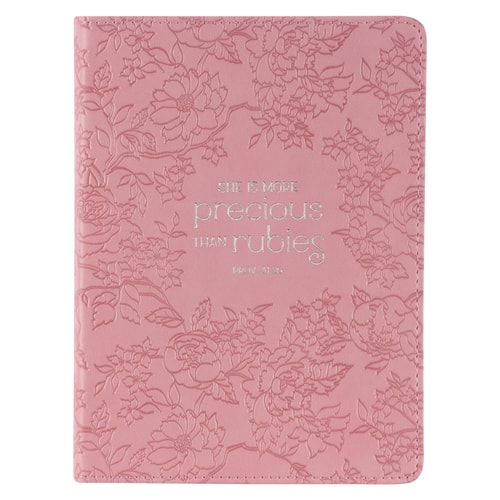 Christian Art Gifts Strawberry Pink Floral Vegan Leather Small Journal: Inspirational Scripture Women's Notebook, More Precious Than Rubies Bible Verse Proverbs 3:15, 240 Ruled Pages, Ribbon 5.7 X 7