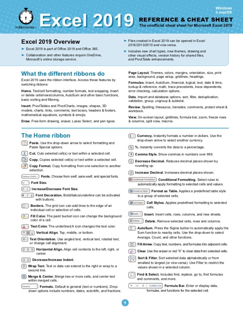 Excel 2019 Reference and Cheat Sheet