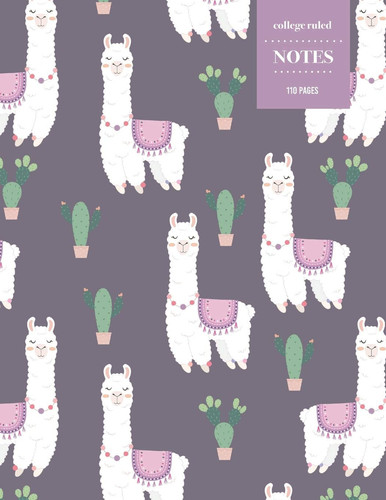 College Ruled Notes 110 Pages Kawaii Alpaca Llama and Cactus Floral Notebook for Professionals and Students, Teachers and Writers - Purple Llama Cactus Pattern