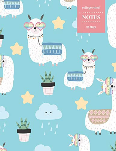 College Ruled Notes 110 Pages Cactus Floral Notebook for Professionals and Students, Teachers and Writers - Llama and Alpaca with Rainbow Sunglasses