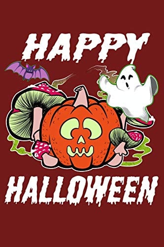 Happy Halloween Pumpkin Bat and Ghost, Version 3, 6 X 9 Journal, 120 Lined Pages, Red Background