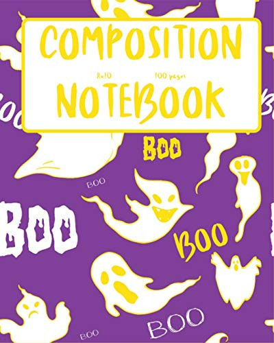 Boo Composition Notebook 8 X 10 100 Pages Wide Ruled Lined Paper Ghost Writing Journal Halloween Themed Great for School Organizing Lists Doodling Purple and Yellow Cover
