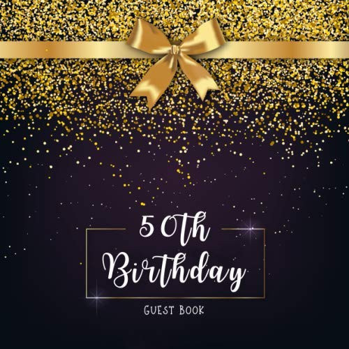 50th Birthday Guest Book Golden Glitter with Ribbon Idea 8. 5 X 8. 5 (21,6 X 21,6 Cm) 120 Pages Cream Paper Glossy Cover