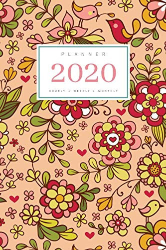 Planner 2020 Hourly Weekly Monthly: 6x9 Medium Notebook Organizer with Hourly Time Slots | Jan to Dec 2020 | Flower Bird Mini Heart Design Orange