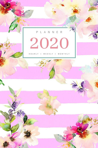 Planner 2020 Hourly Weekly Monthly: 6x9 Medium Notebook Organizer with Hourly Time Slots | Jan to Dec 2020 | Watercolor Floral Stripe Design Pink
