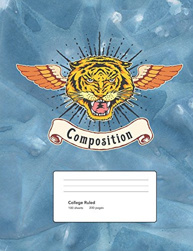 Tiger Composition Book College Ruled 100 Sheets / 200 Pages, 7.44" X 9.69", Tiger Face With Wings Tattoo Inspired Design