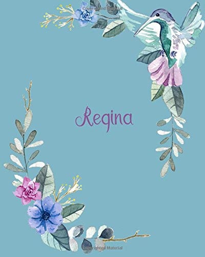 Regina 110 Pages 8x10 Inches Classic Blossom Blue Design with Lettering Name for Journal, Composition, Notebook and Self List, Regina