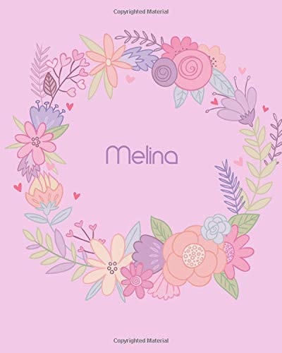 Melina 110 Lined Pages 8x10 Cute Pink Blossom Design with Lettering Name for Girl, Journal, School and Self Note,Melina