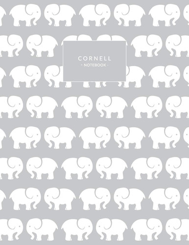 Cornell Notebook Grey Elephant Print, Cornell Note Taking System for Students, Medium College Ruled Exercise Book, 120 Pages, 8.5x11