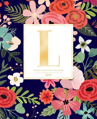 Weekly & Monthly Planner 2019 Navy Florals with Red and Colorful Flowers and Gold Monogram Letter L (7.5 X 9.25) Horizontal at a Glance Personalized Planner for Women Moms Girls and School