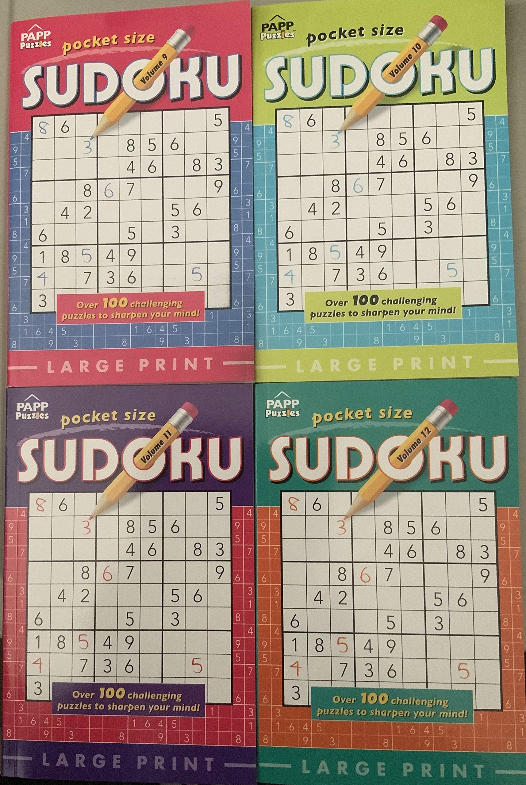Lot of 4 Papp Pocket Size Large Print Sudoku Puzzle Books Volume 9, 10, 11 & 12