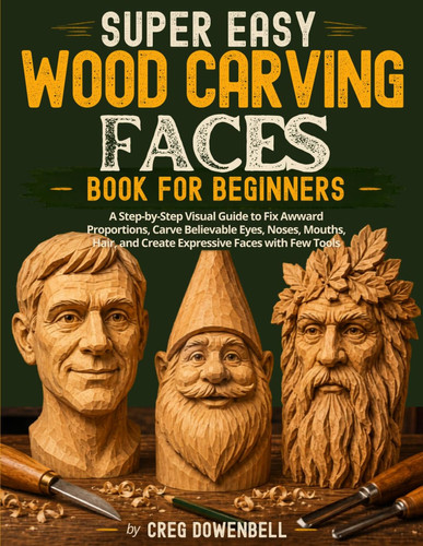Super Easy Wood Carving Faces Book for Beginners: A Step-by-Step Visual Guide to Fix Awkward Proportions, Carve Believable Eyes, Noses, Mouths, Hair, and Create Expressive Faces with Few Tools
