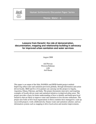 Lessons from Karachi The Role of Demonstration, Documentation, Mapping and Relationship Building in Advocacy for Improved Urban Sanitation and Water Services