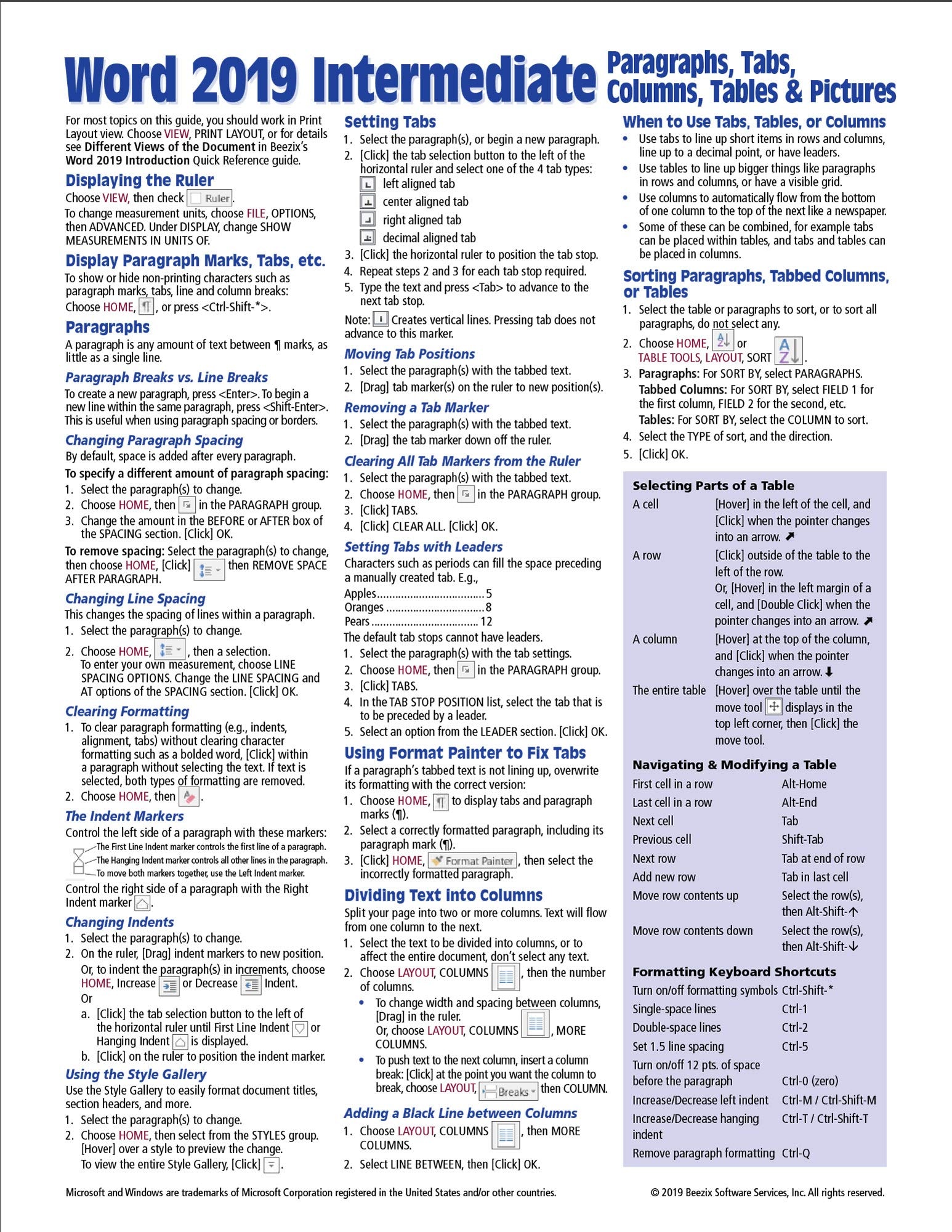 Microsoft Word 2019 Intermediate Quick Reference: Paragraphs, Tabs, Columns, Tables & Pictures - Windows Version
