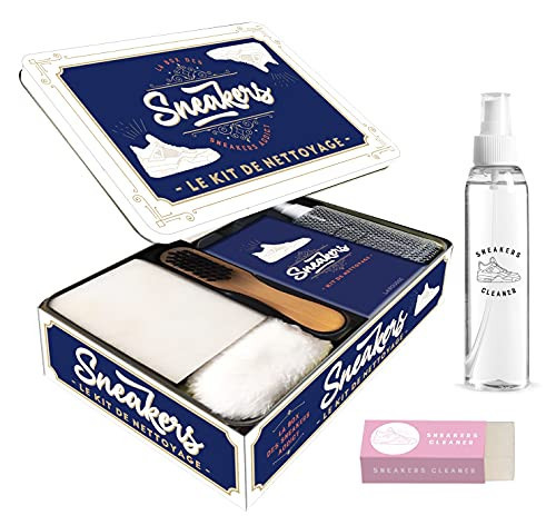 La box des Sneakers Le kit de nettoyage - Coffret avec une brosse de nettoyage, deux gommes, une serviette microfibre et un petit flacon spray