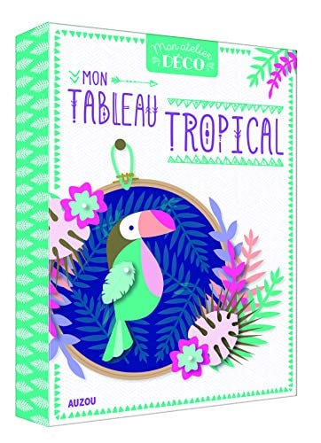 Mon tableau tropical Avec 1 grand tambour en bois, des feuilles prédécoupées néon et dorées, des attaches parisiennes, des pastilles autocollantes