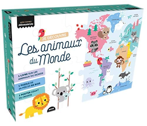 Je découvre les animaux du monde Avec 1 puzzle de 20 pièces en bois, et 1 poster géant du monde, 1 petit sac