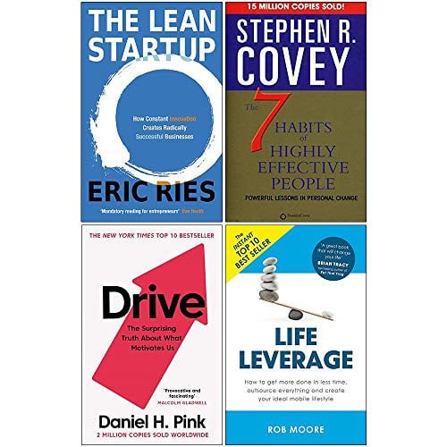 Lean Startup, 7 Habits of Highly Effective People, Drive Daniel Pink, Life Leverage 4 Books Collection Set